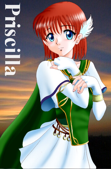 blue_eyes bob_cut cape character_name copyright_name elbow_gloves fire_emblem fire_emblem:_rekka_no_ken gloves hissaa_(starlight_express) priscilla_(fire_emblem) red_hair short_hair skirt solo