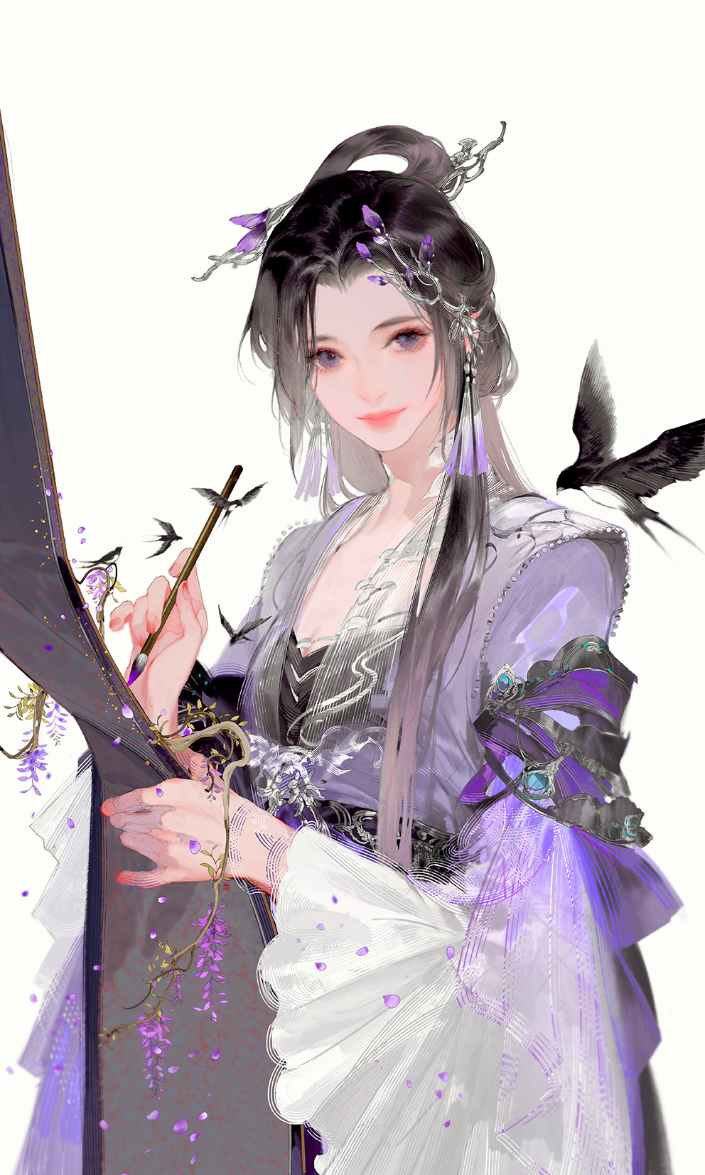 1girl bird black_bird black_hair calligraphy_brush chinese_clothes closed_mouth dress flower hair_ornament highres holding holding_calligraphy_brush holding_paintbrush holding_scroll ibuki_satsuki jewelry long_hair looking_at_viewer nail_polish original paintbrush plant purple_dress purple_eyes purple_flower red_nails scroll simple_background solo white_background