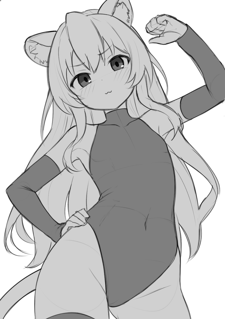 1girl :3 aisaka_taiga animal_ear_fluff animal_ears blush clenched_hand closed_mouth commentary covered_navel cowboy_shot elbow_gloves english_commentary gloves greyscale hair_between_eyes hand_on_own_hip hand_up highres leotard long_hair looking_at_viewer mikoscrub monochrome sketch solo tail tiger_ears tiger_tail toradora!