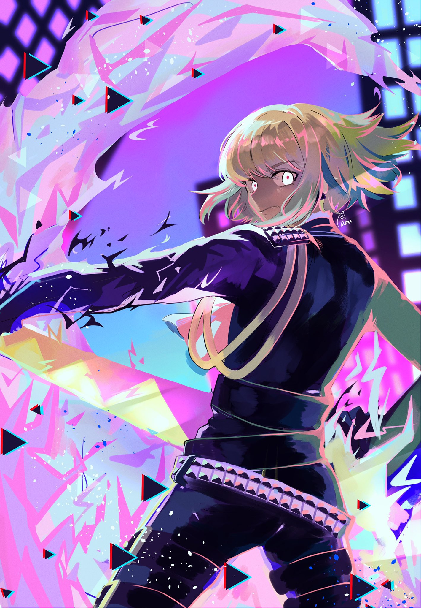 1boy belt black_jacket black_pants brown_hair closed_mouth cowboy_shot eyelashes from_behind gami_ww grimace highres jacket lio_fotia long_sleeves looking_back male_focus pants promare red_pupils short_hair signature solo triangle