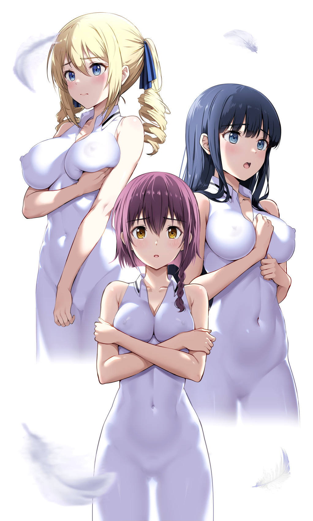 3girls angelina_kudou_shields arm_between_breasts arm_under_breasts ass_visible_through_thighs bare_shoulders between_breasts black_hair blonde_hair blue_eyes blue_ribbon blush braid breasts brown_eyes brown_hair closed_mouth collared_dress commentary_request covered_navel covered_nipples cowboy_shot cropped_legs crossed_arms deep_skin dress drill_hair embarrassed falling_feathers feathers hair_between_eyes hair_ribbon highres large_breasts long_hair looking_at_viewer mahouka_koukou_no_rettousei medium_breasts medium_hair multiple_girls nanikairu open_mouth paid_reward_available ribbon sakurai_minami see-through_silhouette shiba_miyuki simple_background single_braid sleeveless sleeveless_dress standing taut_clothes taut_dress twin_drills white_background white_dress