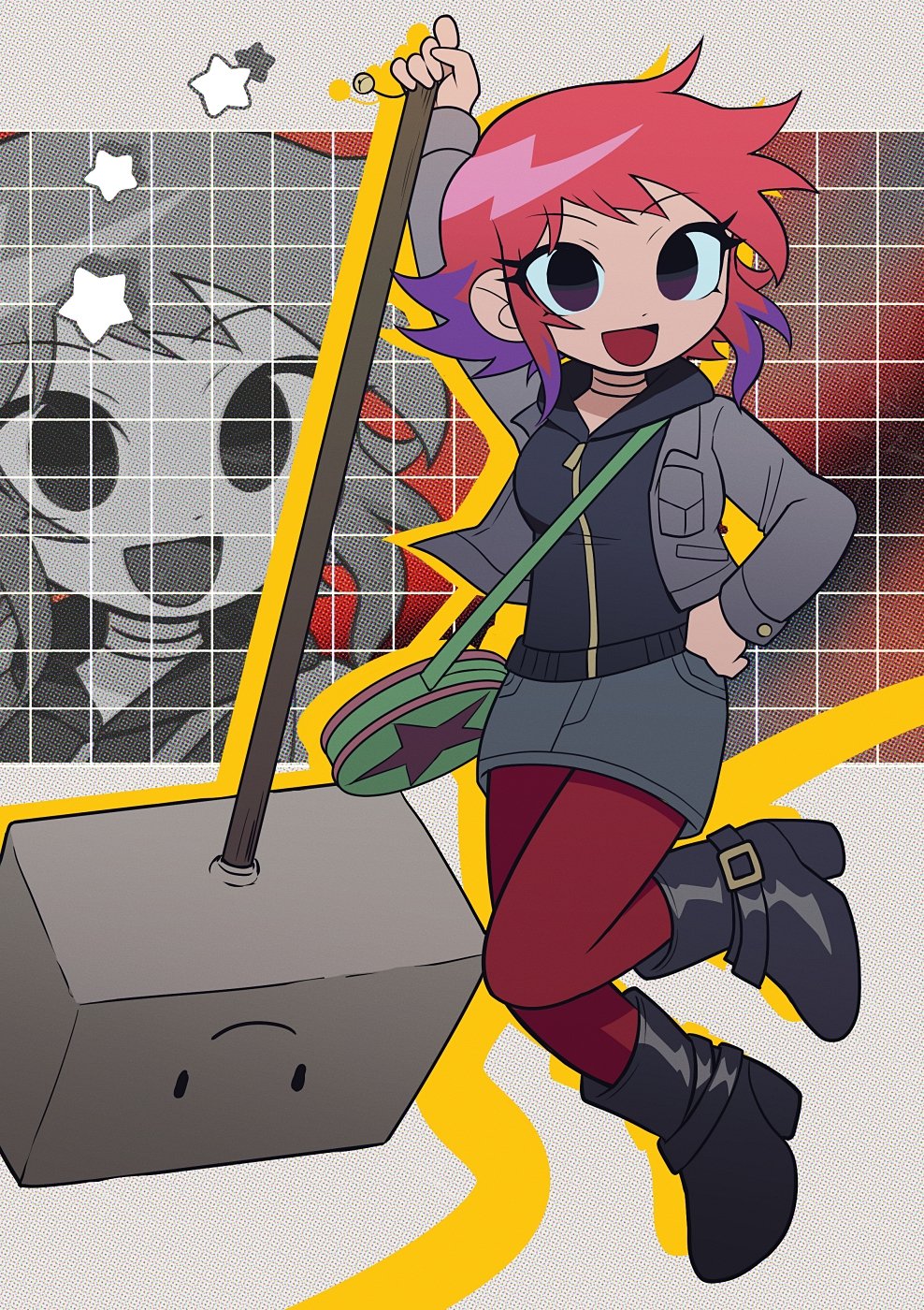 1girl :d bag black_eyes breasts colored_tips commentary full_body g_tsurius hand_on_own_hip highres jacket looking_at_viewer medium_breasts multicolored_hair open_mouth pantyhose pink_hair ramona_flowers scott_pilgrim_(series) scott_pilgrim_takes_off short_hair smile solo war_hammer weapon