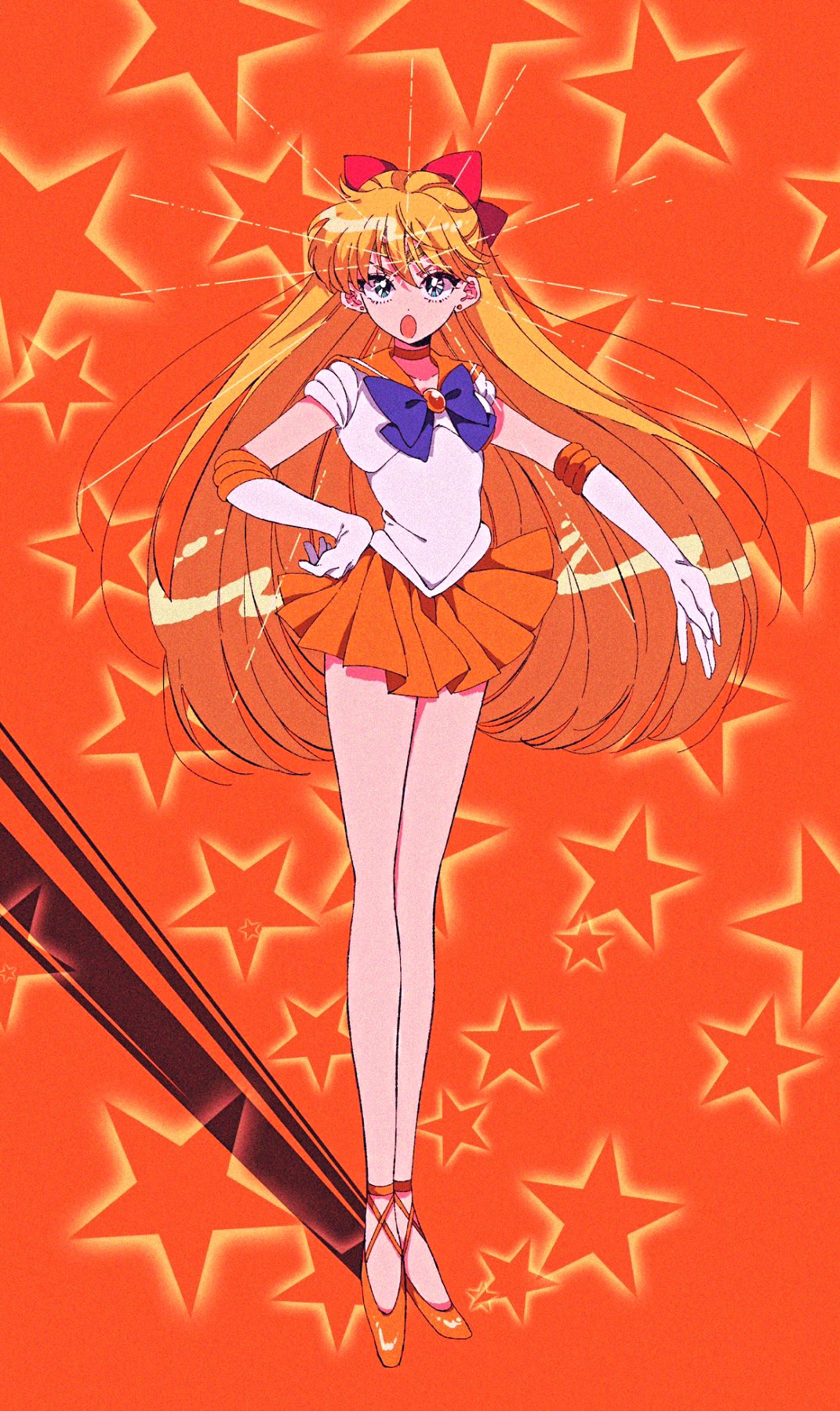 agirl aino_minako bishoujo_senshi_sailor_moon blonde_hair blue_bow blue_bowtie bow bowtie elbow_gloves full_body gloves hair_bow hand_on_own_hip high_heels highres long_hair looking_at_viewer magical_girl open_mouth orange_background orange_footwear orange_sailor_collar orange_skirt red_bow rumic_0620 sailor_collar sailor_senshi sailor_senshi_uniform sailor_venus shadow skirt solo standing star_(symbol) white_gloves