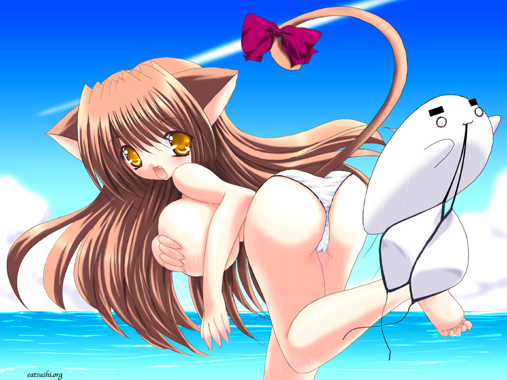 ass bent_over bikini breast_hold breasts clothes_theft covering huge_breasts labia shikigami_azuma shy solo swimsuit swimsuit_theft theft water