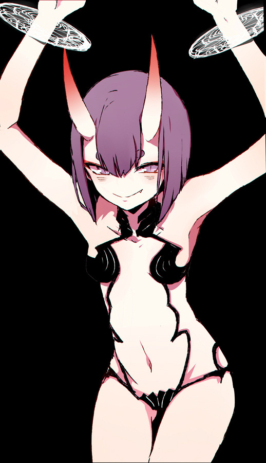 1girl arms_up black_background blush bound bound_arms breasts cowboy_shot esu_(transc) fang fate/grand_order fate_(series) horns looking_at_viewer navel oni purple_eyes purple_hair revealing_clothes short_hair shuten_douji_(fate) simple_background skin-covered_horns small_breasts smile solo thigh_gap