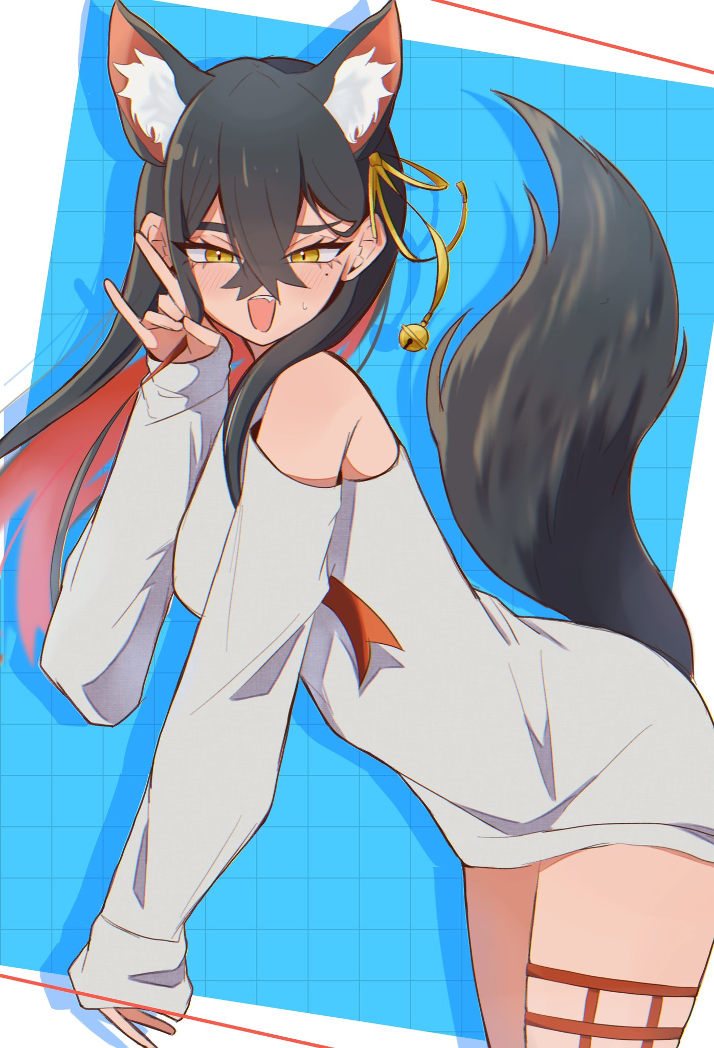 1girl :d \m/ animal_ear_fluff black_hair blue_background blush border carmine_(pokemon) colored_inner_hair commentary_request crossed_bangs eyelashes grey_shirt grid_background hair_between_eyes hasu_175 highres kemonomimi_mode leaning_forward looking_at_viewer mole mole_under_eye multicolored_hair open_mouth outside_border pokemon pokemon_sv red_hair shirt simple_background sleeves_past_wrists smile solo sweat tail two-tone_hair white_border yellow_eyes