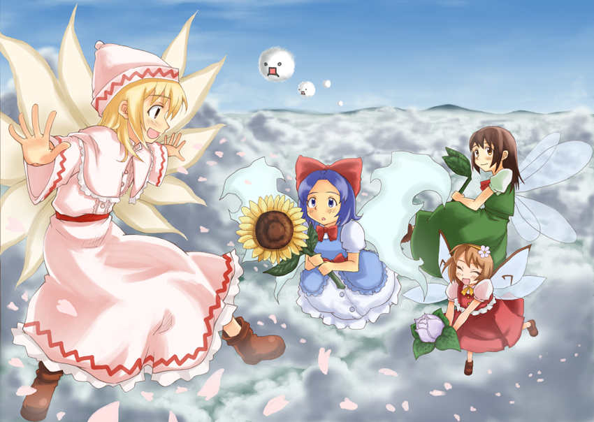 cherry_blossoms cloud fairy flower kedama kusogappa lily_white multiple_girls sunflower_fairy touhou