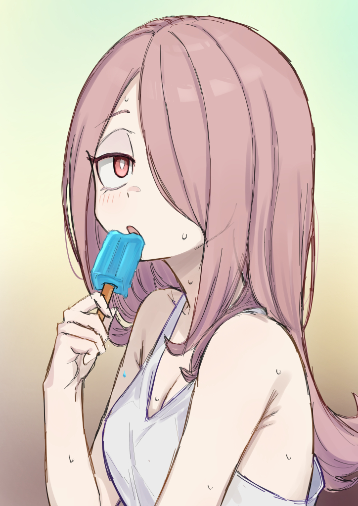 1girl breasts cleavage domdom eyelashes food gradient_background hair_over_one_eye holding holding_food holding_popsicle ice_cream little_witch_academia long_hair medium_breasts pink_hair popsicle red_eyes simple_background sucy_manbavaran tank_top