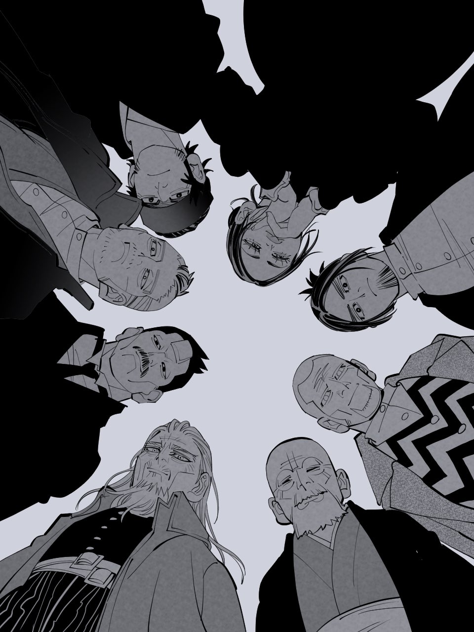 1girl 6+boys bald beard belt bright_pupils buttons buzz_cut character_request closed_eyes closed_mouth coat collared_shirt eyelashes facial_hair fingernails from_below goatee golden_kamuy greyscale headband highres jacket japanese_clothes lips long_sideburns long_sleeves monochrome multiple_belts multiple_boys mustache mustache_stubble necktie round_eyewear shirt short_hair sideburns sideburns_stubble simple_background stubble very_short_hair white_pupils yokayoka_(derm0g)