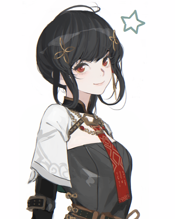 1girl black_dress black_hair closed_mouth d.k dress hair_rings joints mechanical_arms necktie pulao_(punishing:_gray_raven) punishing:_gray_raven red_eyes red_necktie robot_joints short_sleeves solo white_background white_sleeves