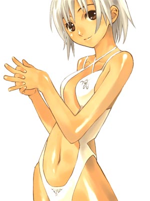 artist_request brown_eyes casual_one-piece_swimsuit copyright_request halterneck hands_clasped lowres navel one-piece_swimsuit own_hands_together smile solo swimsuit white_hair
