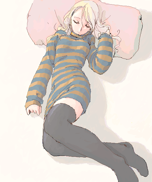 arm_at_side bad_id bad_pixiv_id bangs black_legwear blonde_hair breasts closed_eyes dress facing_viewer feet_out_of_frame long_hair lying medium_breasts no_shoes oekaki on_back original pillow short_dress simple_background sleeping sleeves_past_wrists solo striped striped_sweater sweater sweater_dress swept_bangs thighhighs turtleneck turtleneck_sweater une zettai_ryouiki