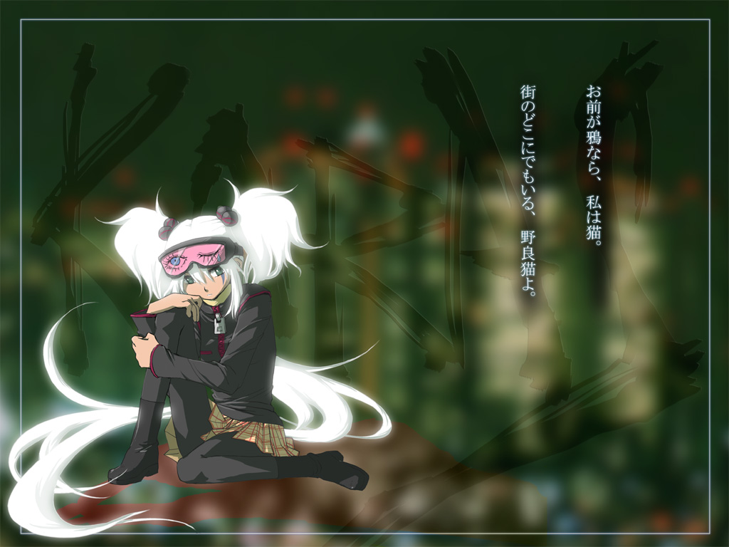 boots facepaint goggles hair_bobbles hair_ornament karas long_hair one_eye_closed pantyhose sitting solo toroshio twintails very_long_hair wallpaper white_hair yurine_(karas) zipper