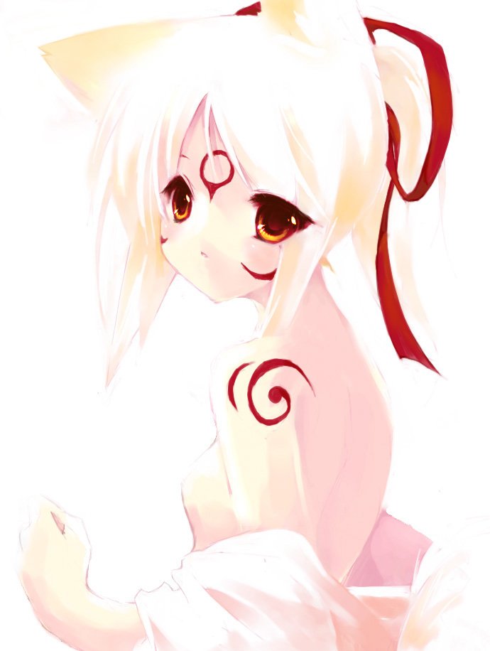 albino amaterasu animal_ears bare_shoulders bodypaint breasts nipples ookami_(game) personification red_eyes ribbon ritsuki small_breasts solo undressing white_hair wolf_ears