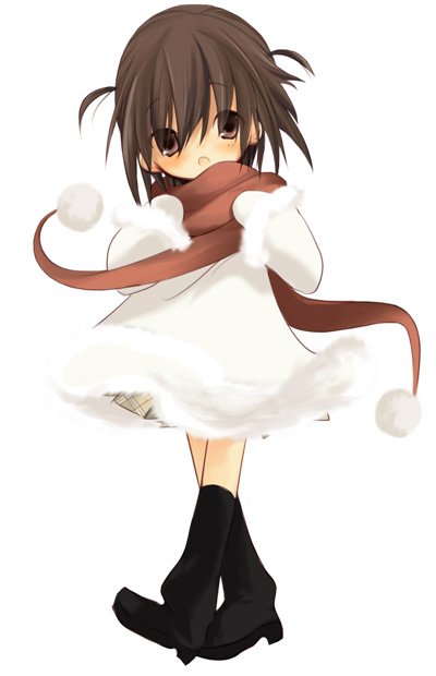 bad_id bad_pixiv_id bear_(artist) blush boots brown_hair child coat copyright_request kneehighs mittens scarf short_twintails socks solo twintails