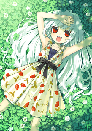 albino bad_id bad_pixiv_id clover clover_(flower) dress face flower food_print from_above grass long_hair lowres lying on_back original print_dress red_eyes ribbon smile solo strawberry_print tsunako white_hair