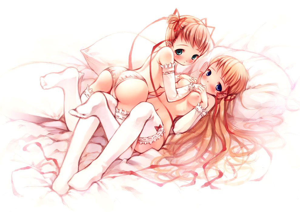 ass bed blue_eyes blush breasts cameltoe copyright_request detached_sleeves double_bun green_eyes hair_ribbon lingerie long_hair lying multiple_girls navel nipples on_back panties pillow ribbon small_breasts thigh_straddling thighhighs topless twintails underwear white_legwear yoshinari_atsushi yuri