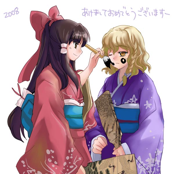 2girls akeome blonde_hair hakurei_reimu hanetsuki happy_new_year japanese_clothes kimono kirisame_marisa long_hair low-tied_long_hair multiple_girls nanami_sano new_year touhou