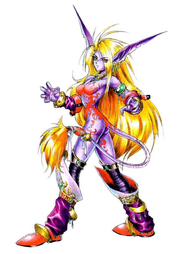 90s animal_ears artist_request ass blonde_hair boots breath_of_fire breath_of_fire_ii cat_ears full_body knee_boots no_nipples nude official_art red_eyes rinpoo_chuan solo standing tail white_background