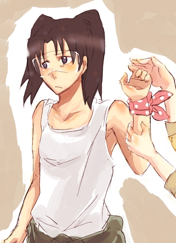 amasawa_yuuko artist_request beige_background belt blush brown_eyes brown_hair collarbone cowboy_shot dennou_coil hands looking_afar looking_away looking_to_the_side lowres pants polka_dot shirt simple_background sleeveless solo_focus white_shirt wrist_cuffs