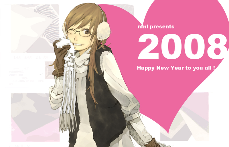 2008 bangs brown_eyes brown_gloves brown_hair casual coat commentary_request dress earmuffs fashion glasses gloves grin happy_new_year heart long_hair long_sleeves looking_at_viewer new_year one_eye_closed original scarf smile solo yoshito