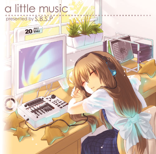 artist_request brown_hair closed_eyes copyright_request headphones long_hair lowres music ribbon sleeping solo