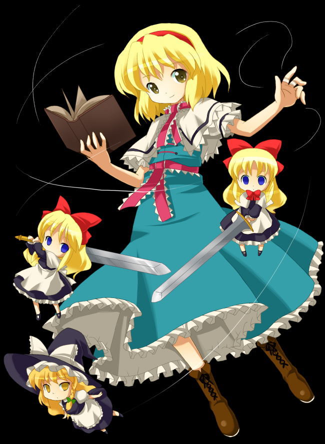 alice_margatroid bangs black_background blonde_hair blue_dress blue_eyes book bow character_doll dress full_body hair_bow hat hat_bow headband holding holding_book kirisame_marisa looking_at_viewer michii_yuuki open_book shanghai_doll smile solo string sword touhou weapon witch_hat yellow_eyes