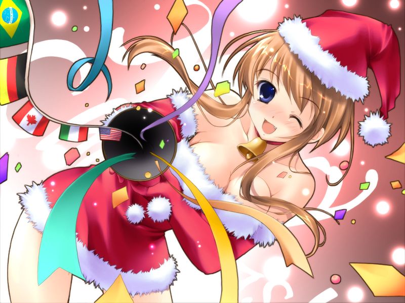 ;d american_flag bell bell_collar blue_eyes blush brazilian_flag breasts brown_hair canadian_flag christmas cleavage collar confetti elbow_gloves fang flag flags_of_all_nations game_cg german_flag gloves hat italian_flag kawahara_mizuha konneko large_breasts mikeou nose_blush one_eye_closed open_mouth party_popper ribbon santa_costume santa_gloves santa_hat smile solo string_of_flags