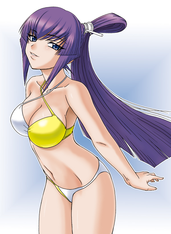 bikini blue_eyes breasts cleavage koubuin_yuuhi large_breasts long_hair misnon_the_great muvluv ponytail purple_hair solo swimsuit