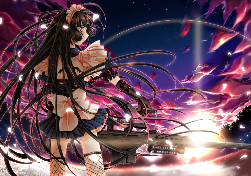 barrett black_hair copyright_request elbow_gloves glaring gloves gun long_hair looking_back maid rifle sakayaki_(burning_soul) solo thighhighs very_long_hair weapon