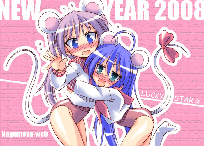 2girls animal_ears blush chinese_zodiac hiiragi_kagami izumi_konata lucky_star mole mole_under_eye mouse_ears mouse_tail multiple_girls new_year tail tsumagomi_izumo year_of_the_rat yuri