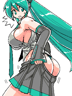 aqua_hair artist_request ass breasts hatsune_miku large_breasts long_hair lowres oekaki panties sideboob solo thong undersized_clothes underwear vocaloid