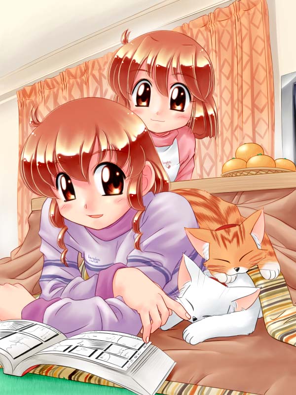 book cat kotatsu multiple_girls original siblings sisters sweater table zan_nekotama