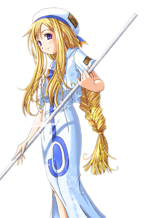 alicia_florence aria beret blonde_hair braid dress emblem hat holding holding_weapon long_hair looking_at_viewer oar purple_eyes rod side_slit sidelocks simple_background solo staff standing uniform very_long_hair weapon white_background white_dress yone