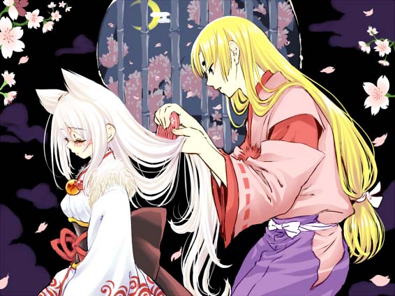1girl amaterasu animal_ears artist_request bamboo bangs bell blonde_hair bow breasts cherry_blossoms closed_eyes closed_mouth comb combing cowboy_shot crescent_moon eyebrows_visible_through_hair eyelashes flower from_side hair_over_shoulder hip_vent holding holding_another's_hair indoors japanese_clothes kimono long_hair long_sleeves low-tied_long_hair marble medium_breasts moon night night_sky obi ookami_(game) outstretched_hand parted_lips personification petals pink_flower profile ribbon-trimmed_sleeves ribbon_trim round_window sash sky straight_hair thick_eyebrows ushiwakamaru very_long_hair white_bow white_hair white_kimono yukata