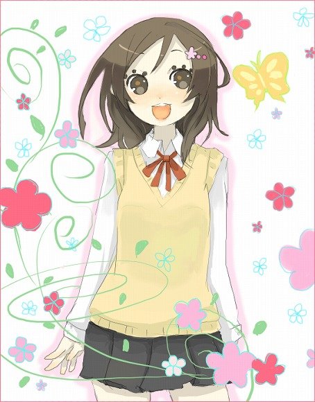 bad_id bad_pixiv_id brown_eyes brown_hair bug butterfly flower inase insect miniskirt original school_uniform skirt solo