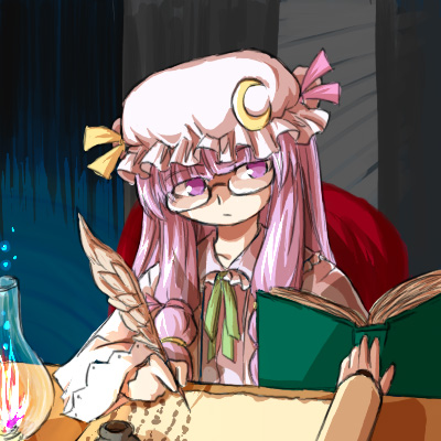 artist_request bespectacled book glasses hat lowres patchouli_knowledge purple_eyes purple_hair solo touhou writing