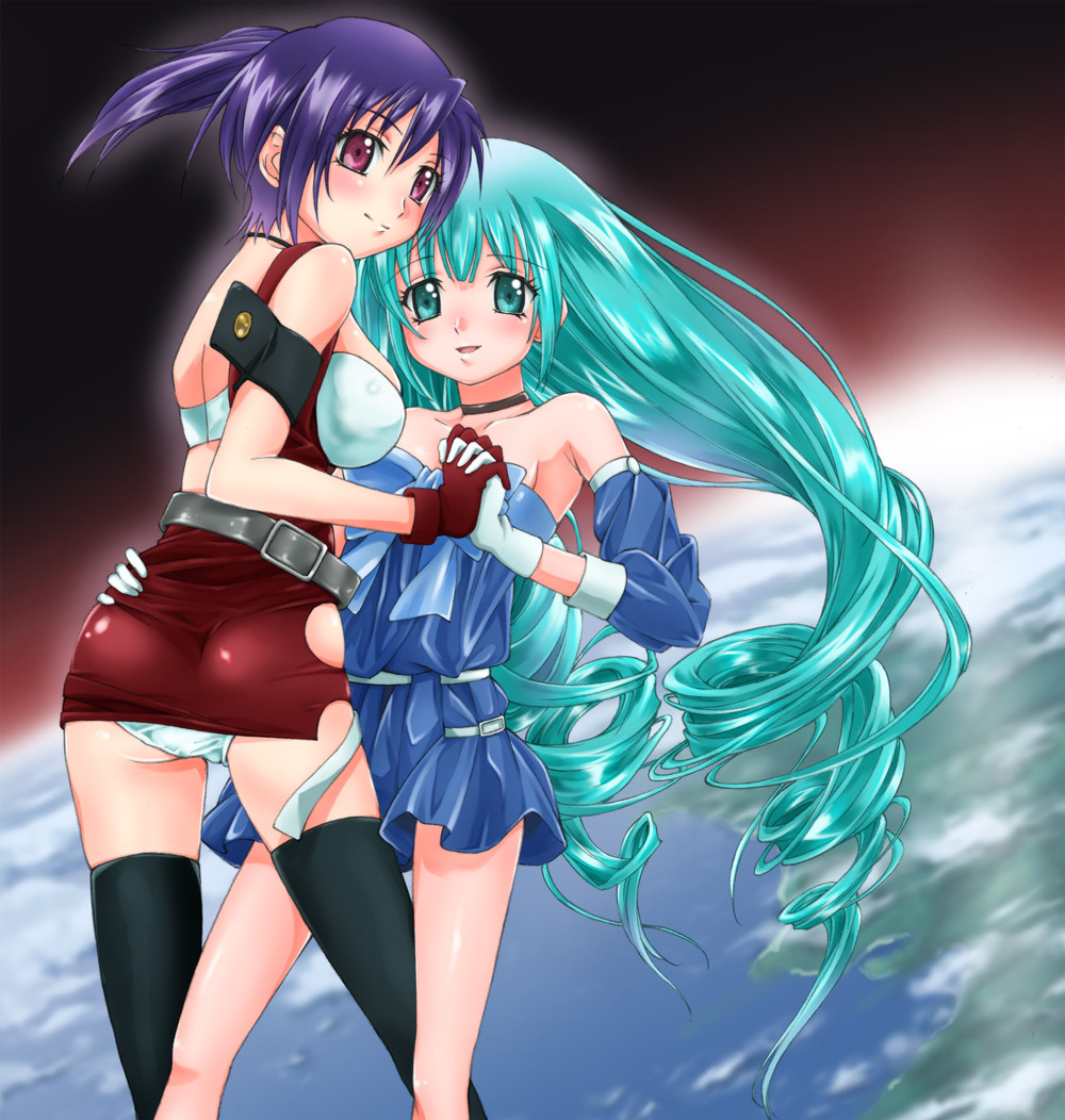 blue_skirt eclair_(kiddy_grade) green_eyes green_hair holding_hands interlocked_fingers kiddy_grade long_hair lumiere miniskirt multiple_girls panties red_eyes short_hair skirt smile thighhighs underwear yomi_(indigoriver)