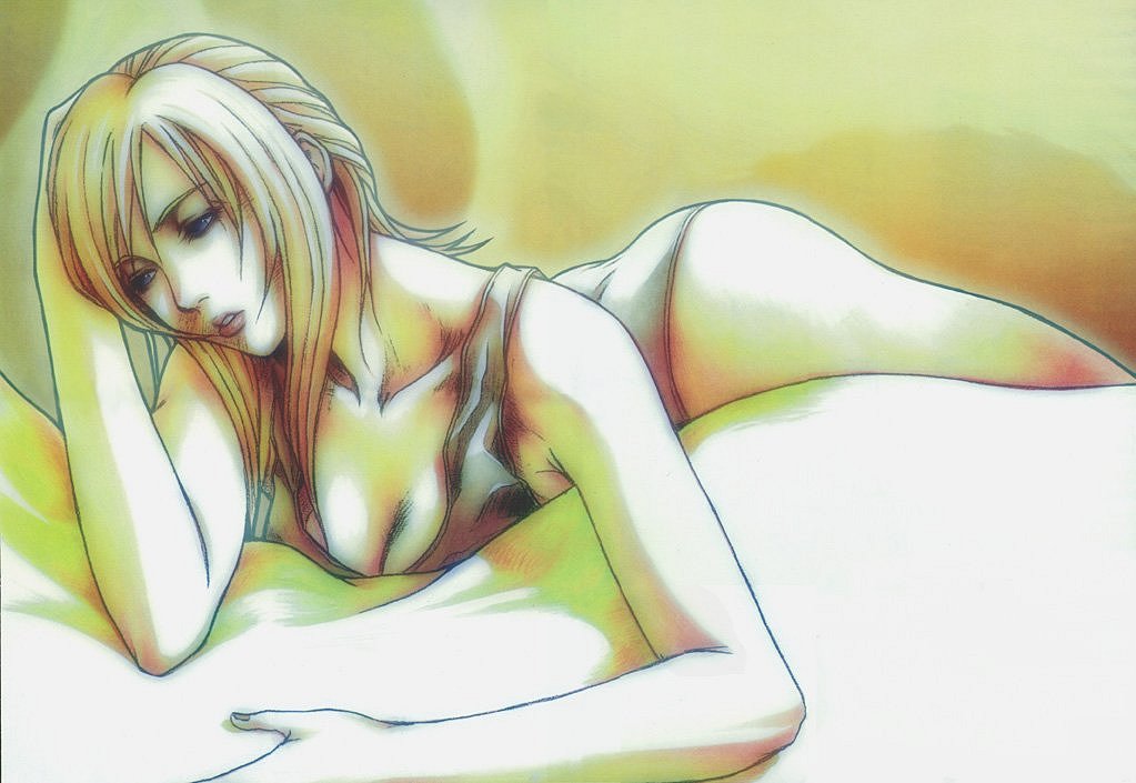 aya_brea blonde_hair blue_eyes breasts camisole cleavage long_hair lying medium_breasts nomura_tetsuya official_art on_stomach panties parasite_eve solo underwear underwear_only