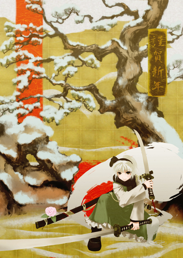 dual_wielding holding katana konpaku_youmu konpaku_youmu_(ghost) nekoita one_knee scarf snow solo sword touhou tree weapon