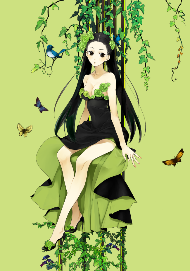 bird black_hair breasts bug butterfly cleavage dress flower high_heels ie_(mochi) insect long_hair nature original shoes small_breasts solo twintails