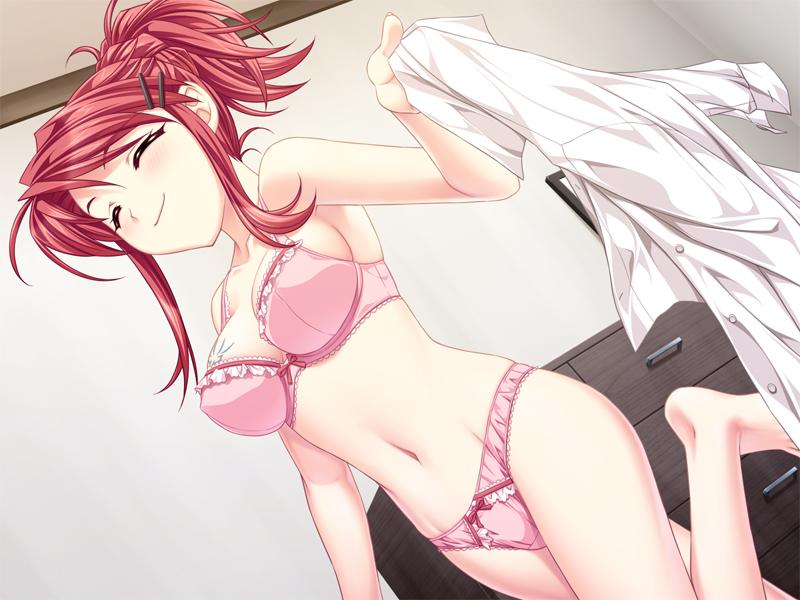 1girl bra eyes_closed game_cg lingerie minamoto_rui panties pink_panties red_hair rui_wa_tomo_wo_yobu saeki_hokuto solo underwear undressing