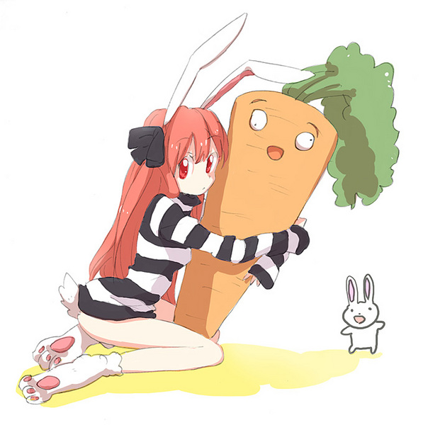 animal_ears bad_id bad_pixiv_id bottomless bunny bunny_ears carrot copyright_request long_hair mokeo red_eyes red_hair ribbon solo striped