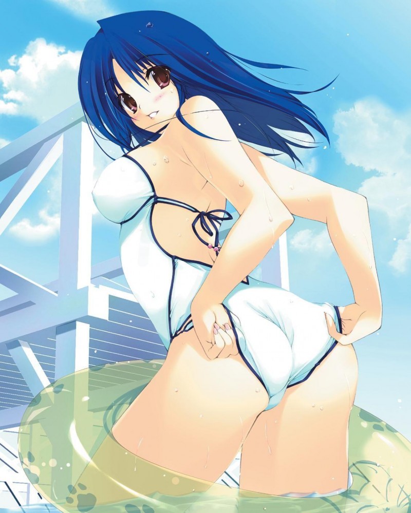 adjusting_clothes adjusting_swimsuit ass back backless_outfit blue_hair blush breasts casual_one-piece_swimsuit cloud copyright_request covered_nipples day duplicate iizuki_tasuku innertube large_breasts looking_back one-piece_swimsuit paw_print purple_eyes sky smile solo swimsuit trefoil wet