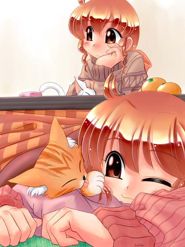 cat kotatsu multiple_girls original siblings sisters table zan_nekotama