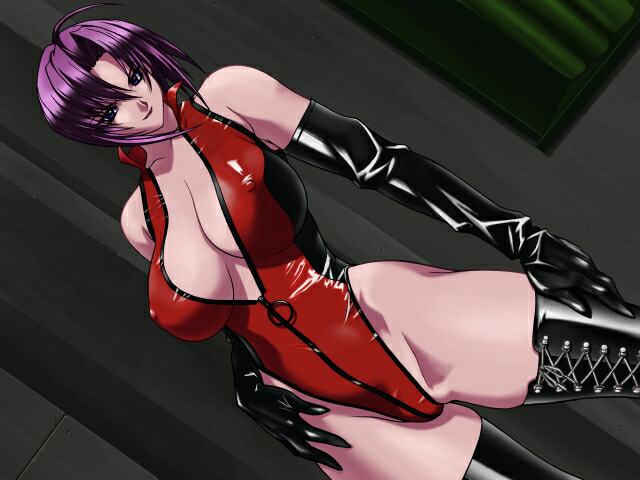 aoyama_minako bare_shoulders bdsm boots breasts center_opening cleavage covered_nipples cross-laced_footwear dominatrix dutch_angle elbow_gloves escalation_hardcore game_cg gloves hand_on_hip hand_on_leg highleg highleg_leotard huge_breasts inoue_takuya jpeg_artifacts lace-up_boots latex latex_boots latex_gloves leotard looking_at_viewer purple_hair red_leotard shiny shiny_clothes short_hair skin_tight solo standing thigh_boots thighhighs thong_leotard underboob unzipped zipper_pull_tab