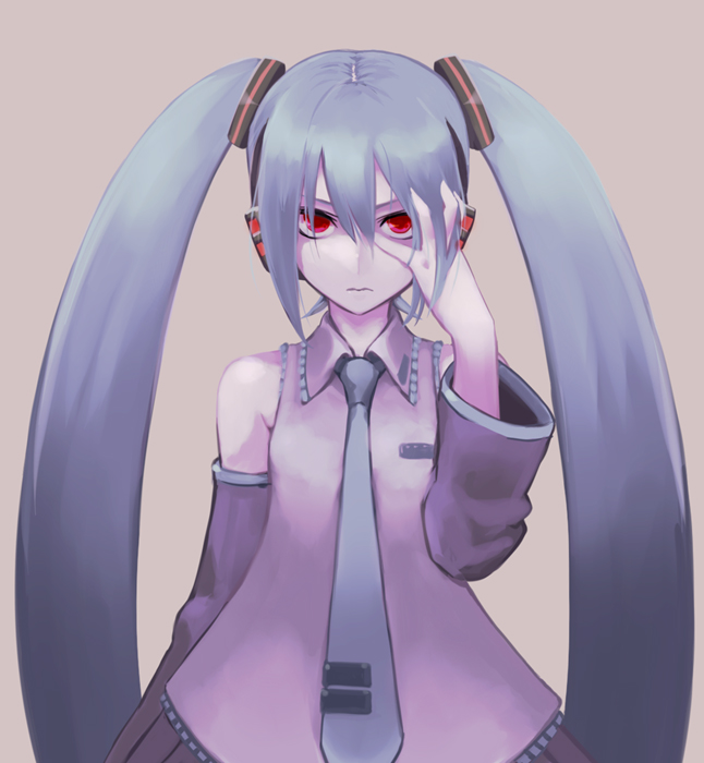 blue_hair chan_co detached_sleeves hatsune_miku long_hair necktie red_eyes solo twintails very_long_hair vocaloid