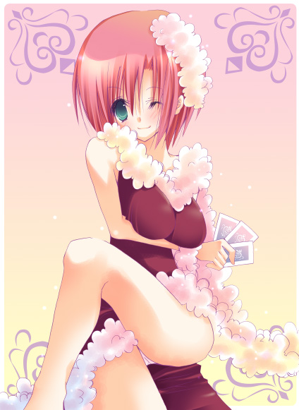 ;d bare_legs breasts card dress gradient gradient_background grin hashimo_yuki holding holding_card large_breasts looking_at_viewer one_eye_closed open_mouth red_dress rio_rollins simple_background sitting smile solo super_blackjack teeth thighhighs