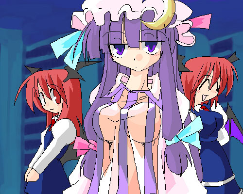^_^ bat_wings bow breasts closed_eyes dual_persona head_wings kieyza koakuma large_breasts lowres multiple_girls patchouli_knowledge pink_bow purple_hair red_hair touhou wings