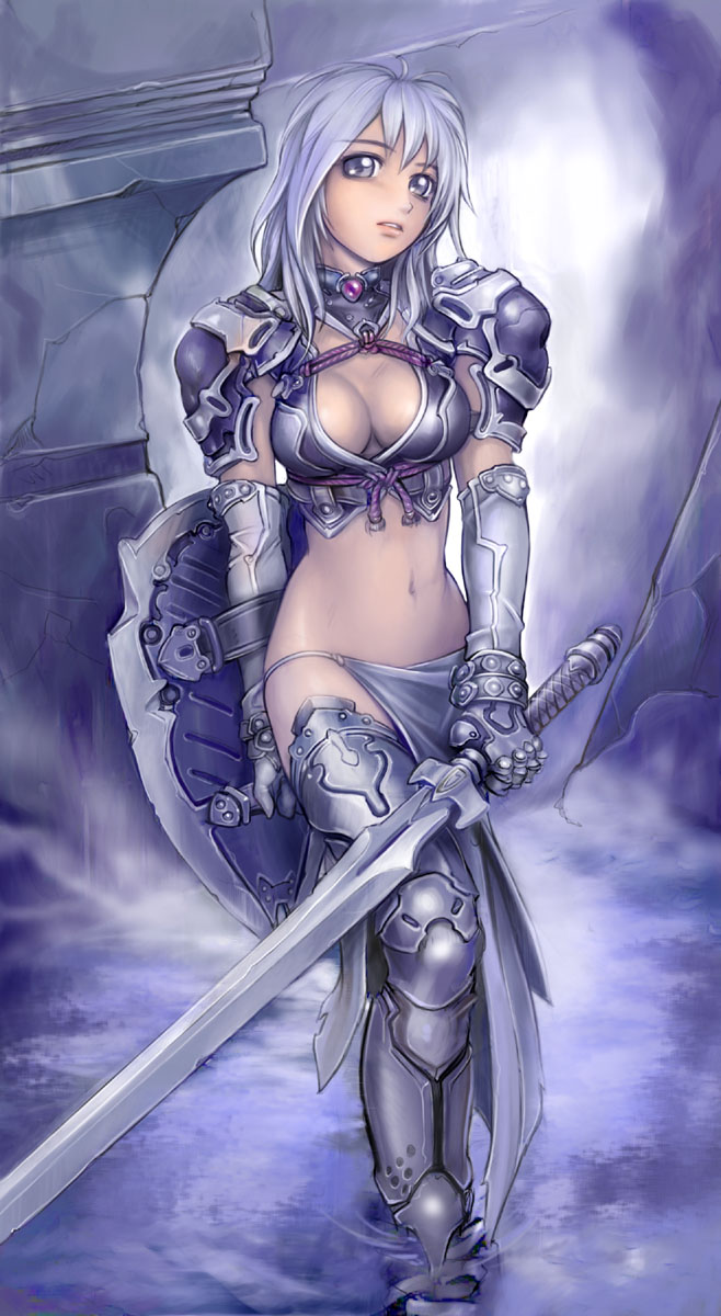 armor blue_eyes boots breasts cleavage elbow_gloves gloves highres kuratch large_breasts loincloth midriff original shield solo sword thigh_boots thighhighs water weapon white_hair